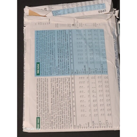 Vtg Butterick Sewing Pattern 6945 Vest Blouse Skirt Pants Sizes 6 -8- 10 Uncut - Picture 3 of 6